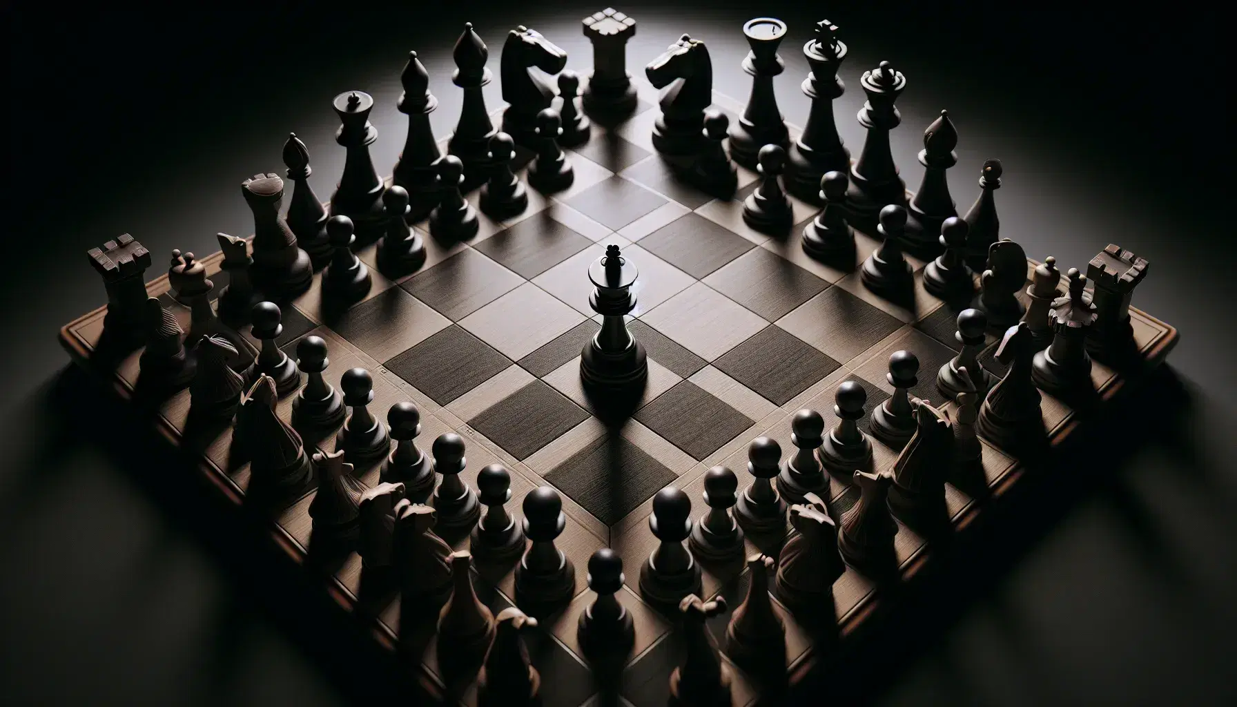 Strategic mid-game chessboard setup with a prominent black queen in the center, surrounded by detailed black and white pieces on a checkered pattern.