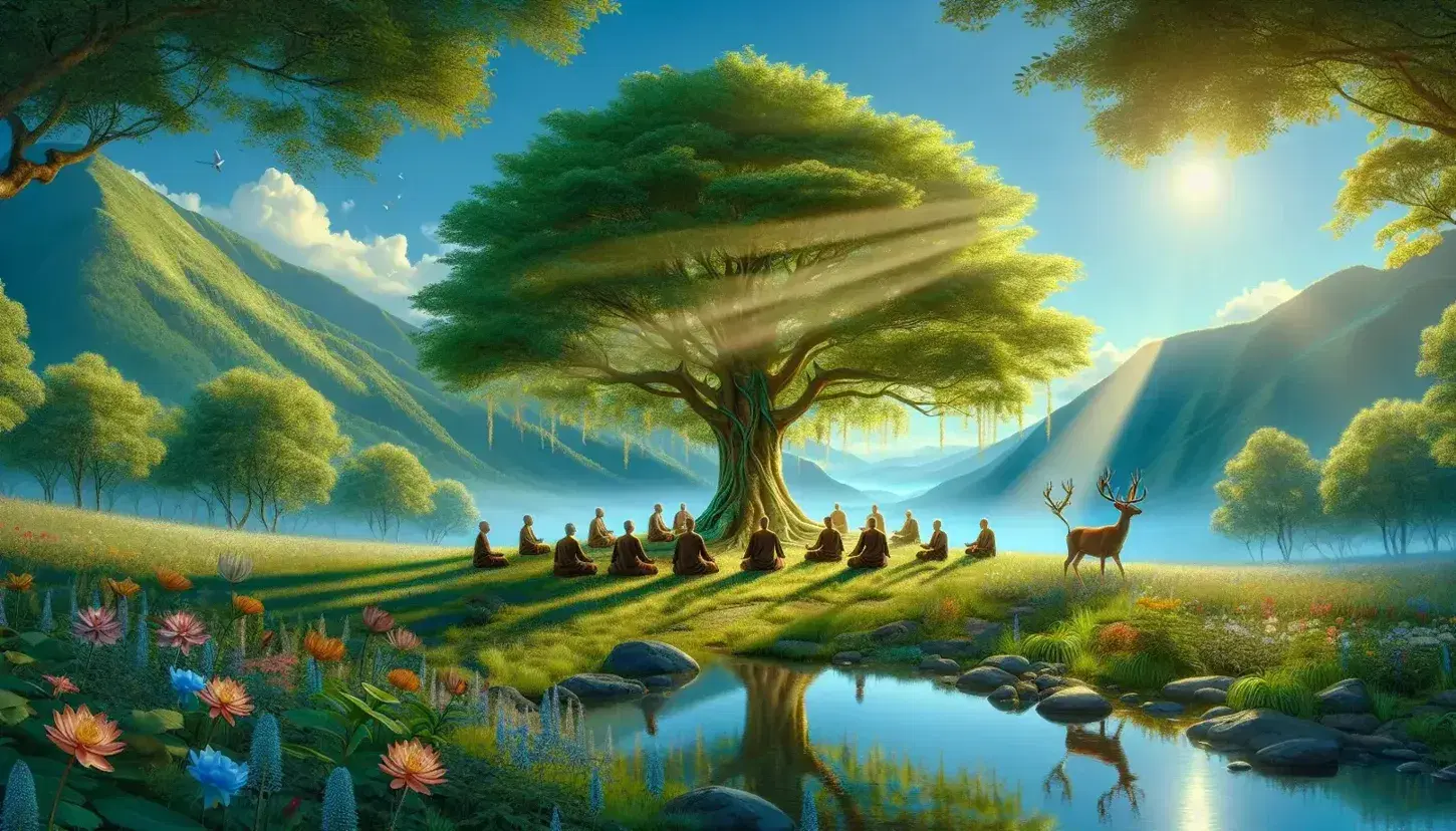 Árbol frondoso bajo cielo azul con personas meditando a su alrededor, ciervo observando, arroyo cristalino y montañas al fondo, rodeados de flores silvestres y mariposas.