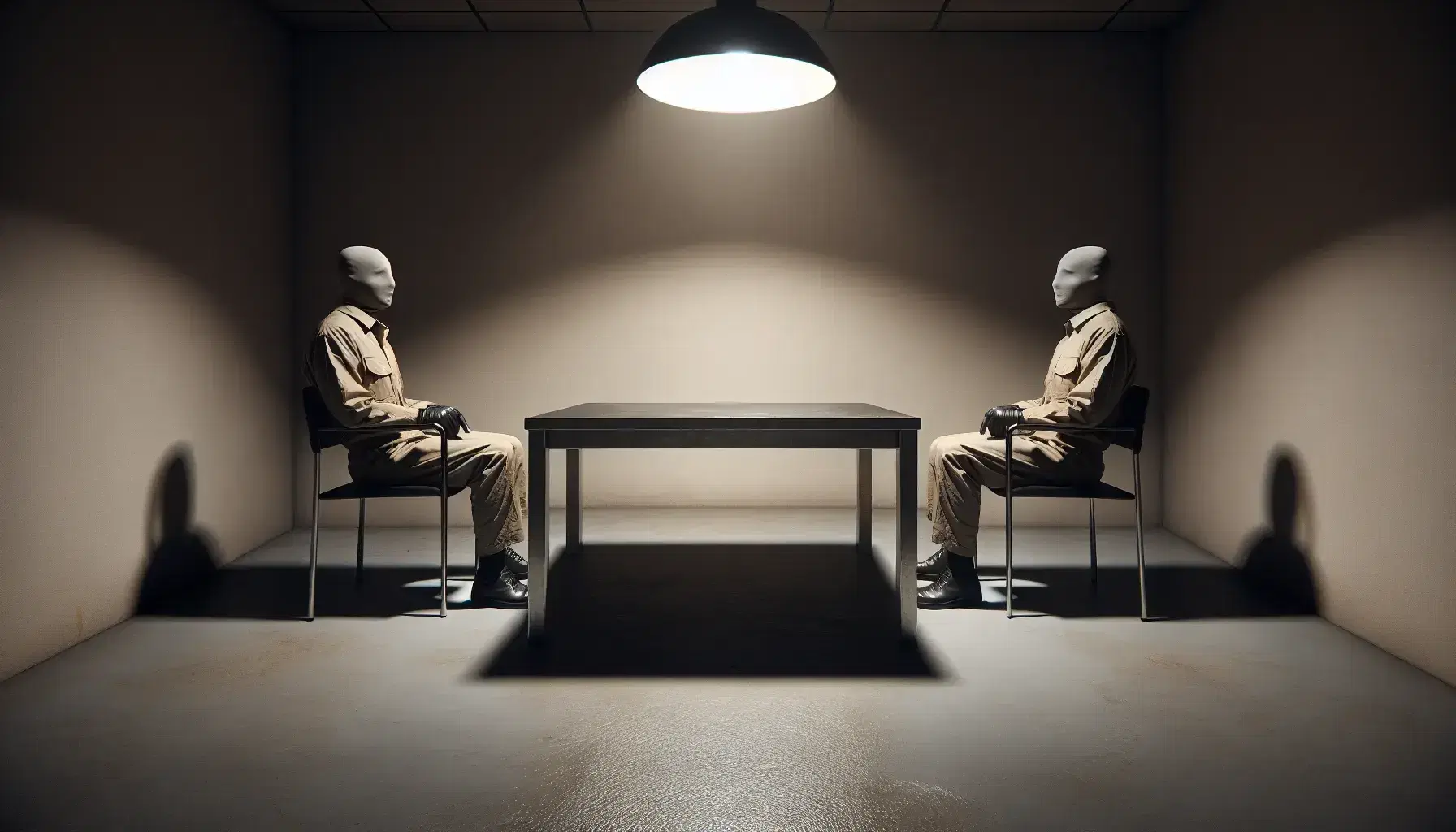 Interrogation room with soft lights, metal table in the center, a chair occupied by an anonymous figure and an empty chair, beige walls and gray floor.