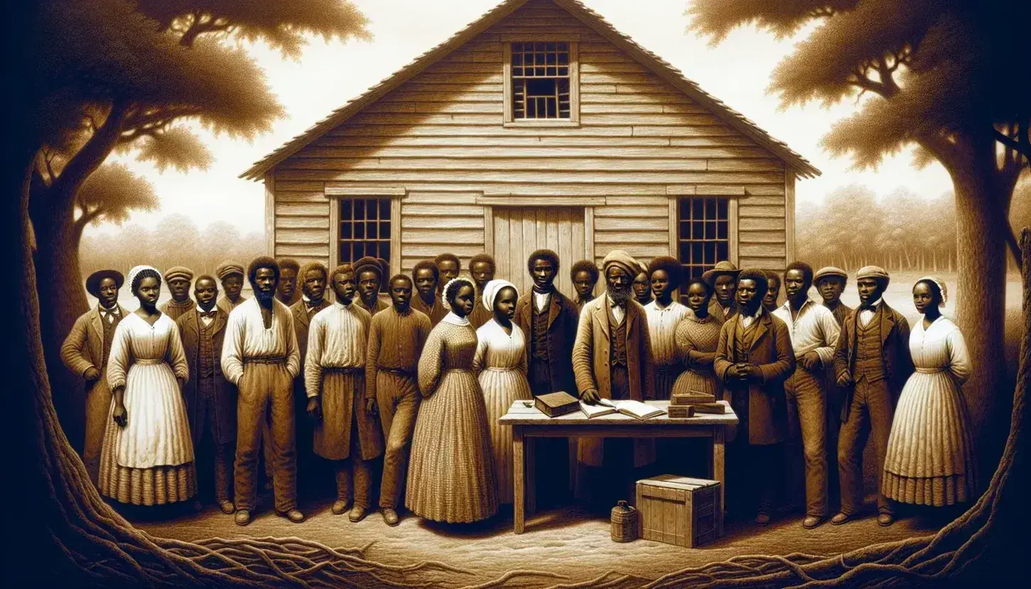 Historical 1860s scene with African Americans in period clothing in front of a school, some reading books under a tree.