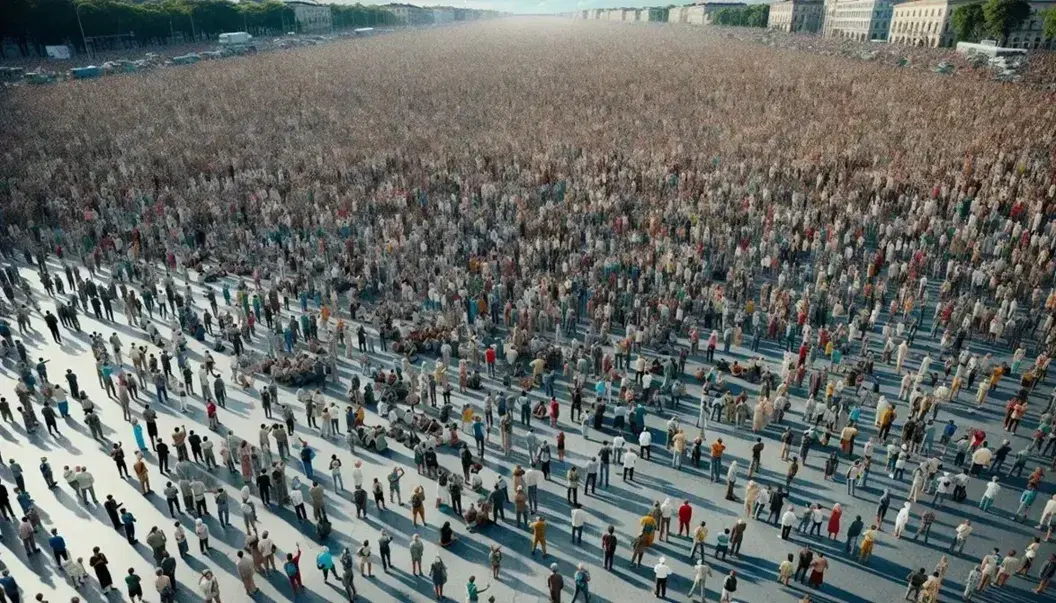 Multitud reunida en espacio público amplio bajo cielo azul claro, con personas de pie y algunas con brazos alzados, vestidas con ropa colorida.