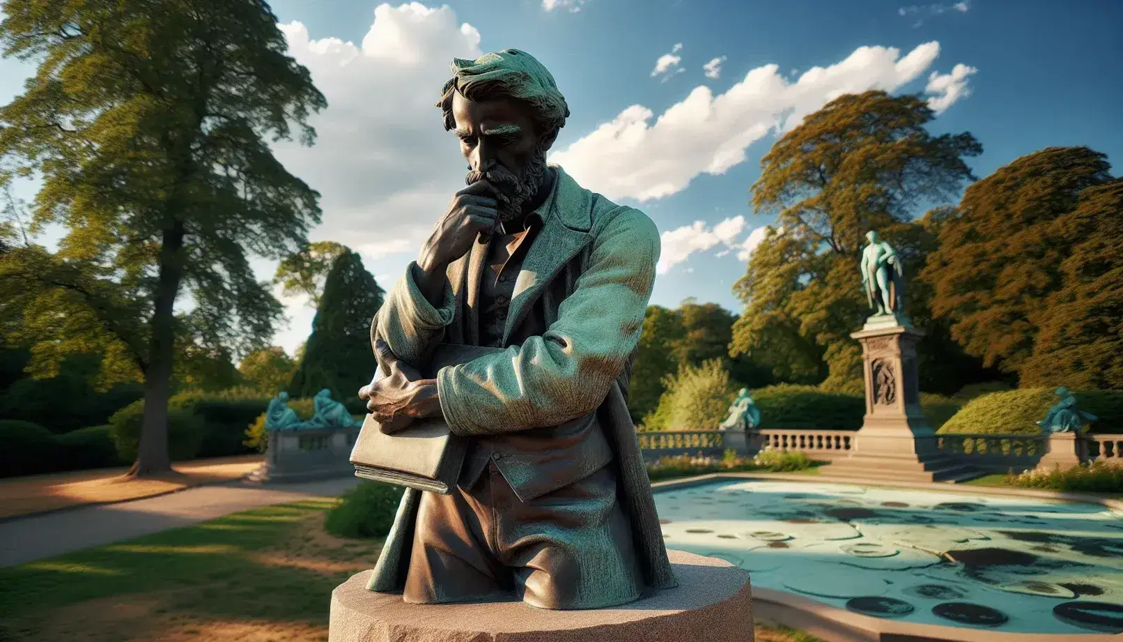 Estatua de bronce de hombre pensativo con barba, apoyando su mentón en una mano y sosteniendo un libro cerrado, sobre pedestal de piedra en parque con árboles y cielo azul.