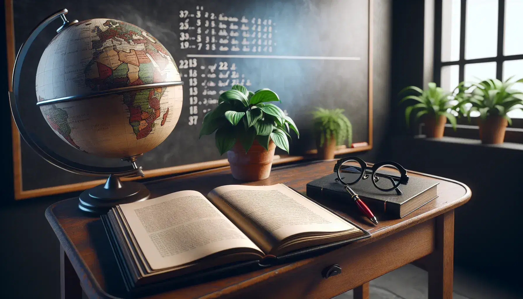 Traditional Spanish classroom with teacher's desk, open textbook, eyeglasses, red pen, chalkboard, globe, potted plant, and wooden student desks in natural light.