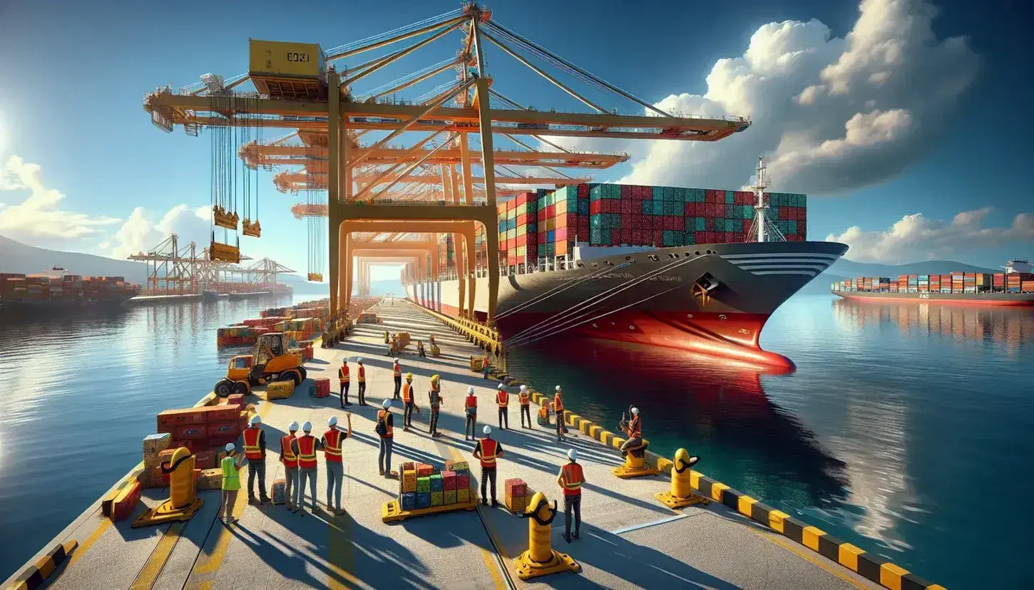 Busy Spanish port with a modern cargo ship moored and stacked with colorful containers, dockworkers managing cranes, and a pilot boat cruising by a lighthouse.