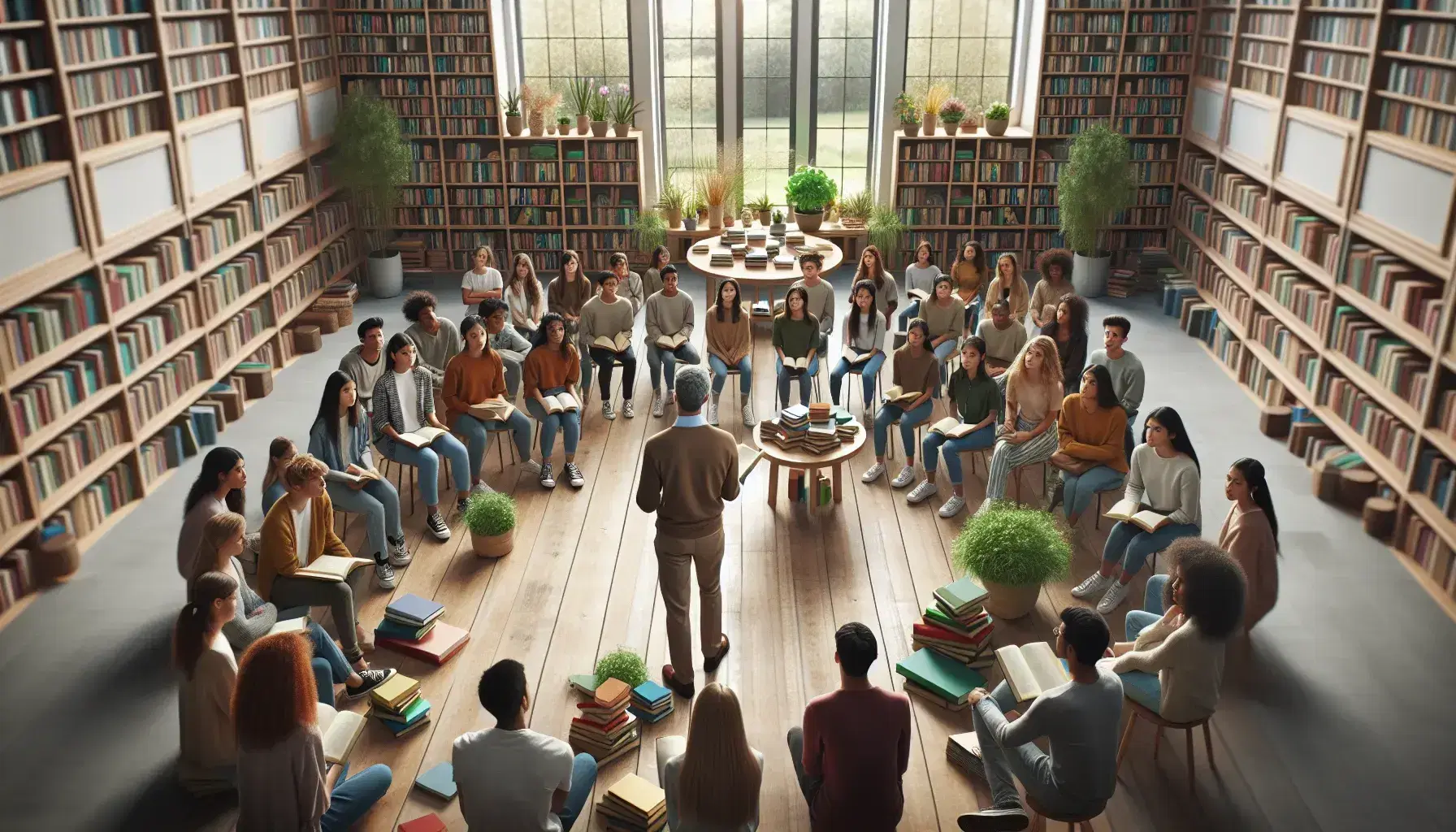 Grupo diverso de estudiantes atentos y educador con libro en biblioteca escolar iluminada naturalmente, rodeados de estanterías y plantas.