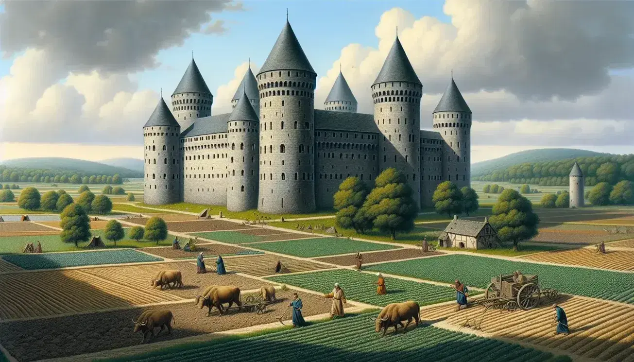 Maniero medievale in pietra grigia con torri merlate e campi coltivati circostanti, contadini al lavoro e alberi verdi sotto cielo azzurro.