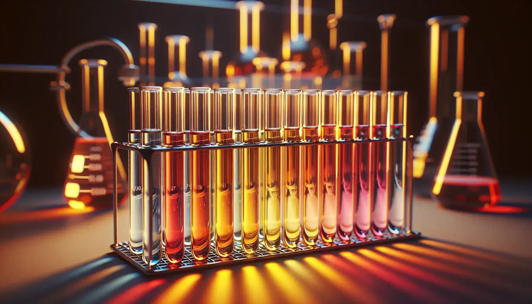 Tubos de ensayo de vidrio con líquidos de colores desde amarillo claro hasta rojo intenso en gradiente, iluminados y colocados en soporte metálico en laboratorio.