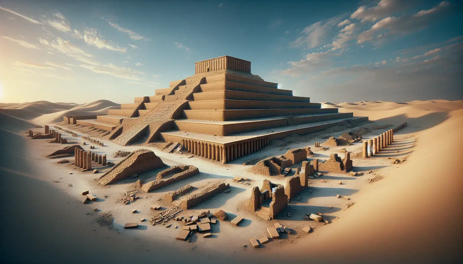 Vista panorámica de las antiguas ruinas de un ziggurat mesopotámico con escalinatas centrales y restos arqueológicos bajo un cielo azul despejado.