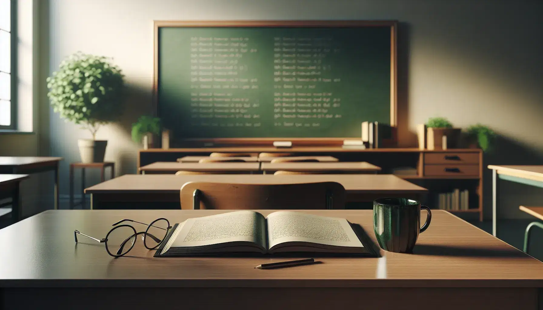 Serene classroom with a polished teacher's desk, open textbook, round-framed glasses, steaming coffee mug, clean chalkboard, and rows of student desks.
