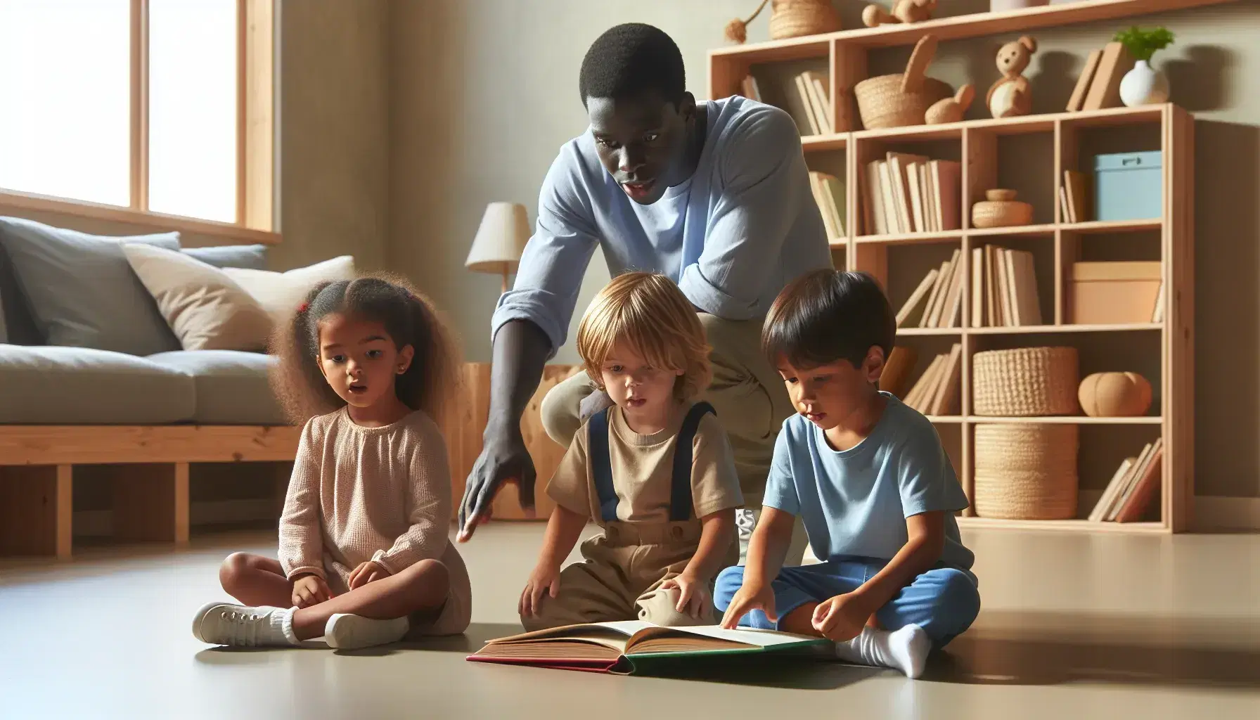 Niños de diversas etnias concentrados leyendo un libro colorido con la guía de un adulto en una sala iluminada con estantería de libros al fondo.