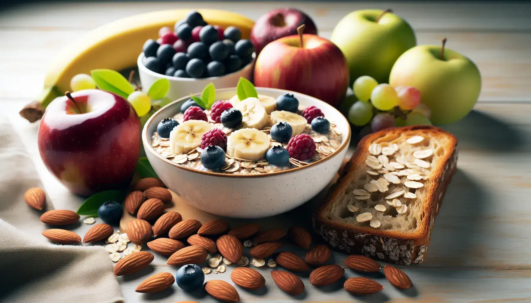 Desayuno saludable con avena cocida, plátano, bayas, pan integral, almendras, manzana roja y uvas verdes sobre superficie de madera.