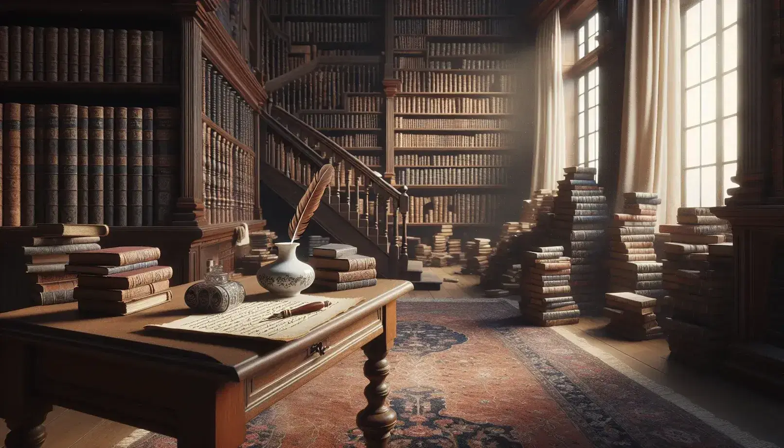 Biblioteca antigua con estanterías de madera oscura llenas de libros, mesa con tintero de porcelana y pluma, y alfombra persa bajo una luz cálida.