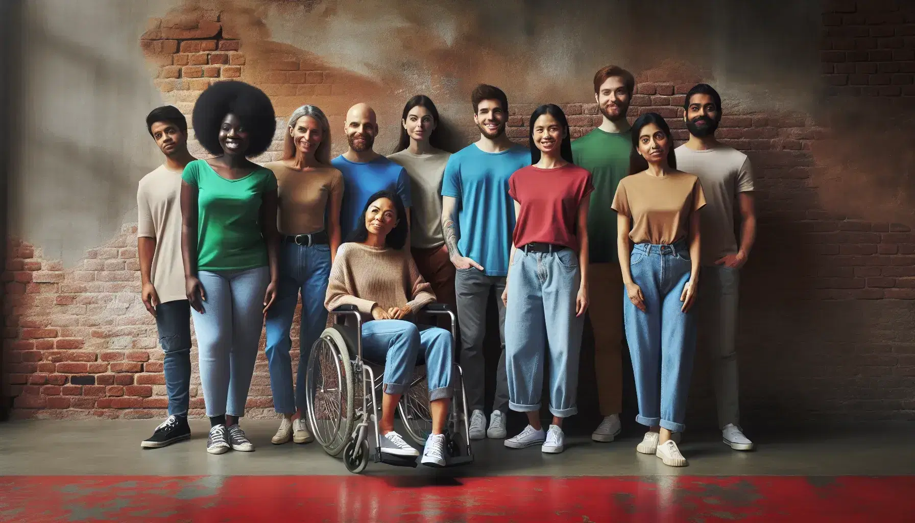 Grupo diverso de personas sonriendo en semicírculo, con mujer afrodescendiente al centro, hombre en silla de ruedas y persona de baja estatura, frente a pared de ladrillos rojos.