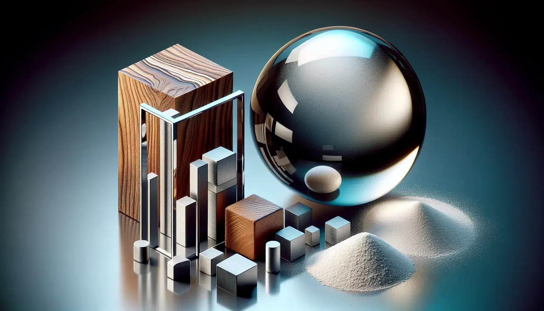 Assorted geometric shapes on reflective surface, including a polished steel cube, green-tinted glass sphere, wooden cylinder, white powder, plastic prism, and floating pumice stone.