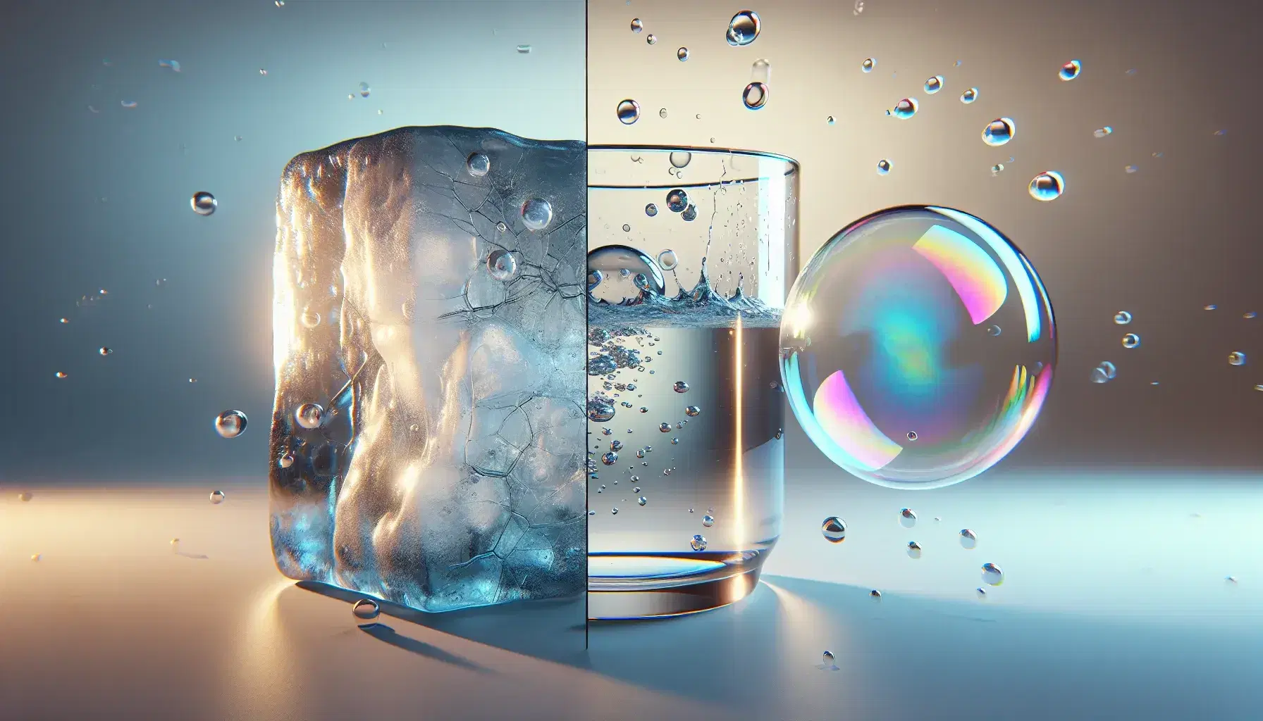 Stati della materia rappresentati da un cubo di ghiaccio, un bicchiere d'acqua con condensa e una bolla di sapone colorata.