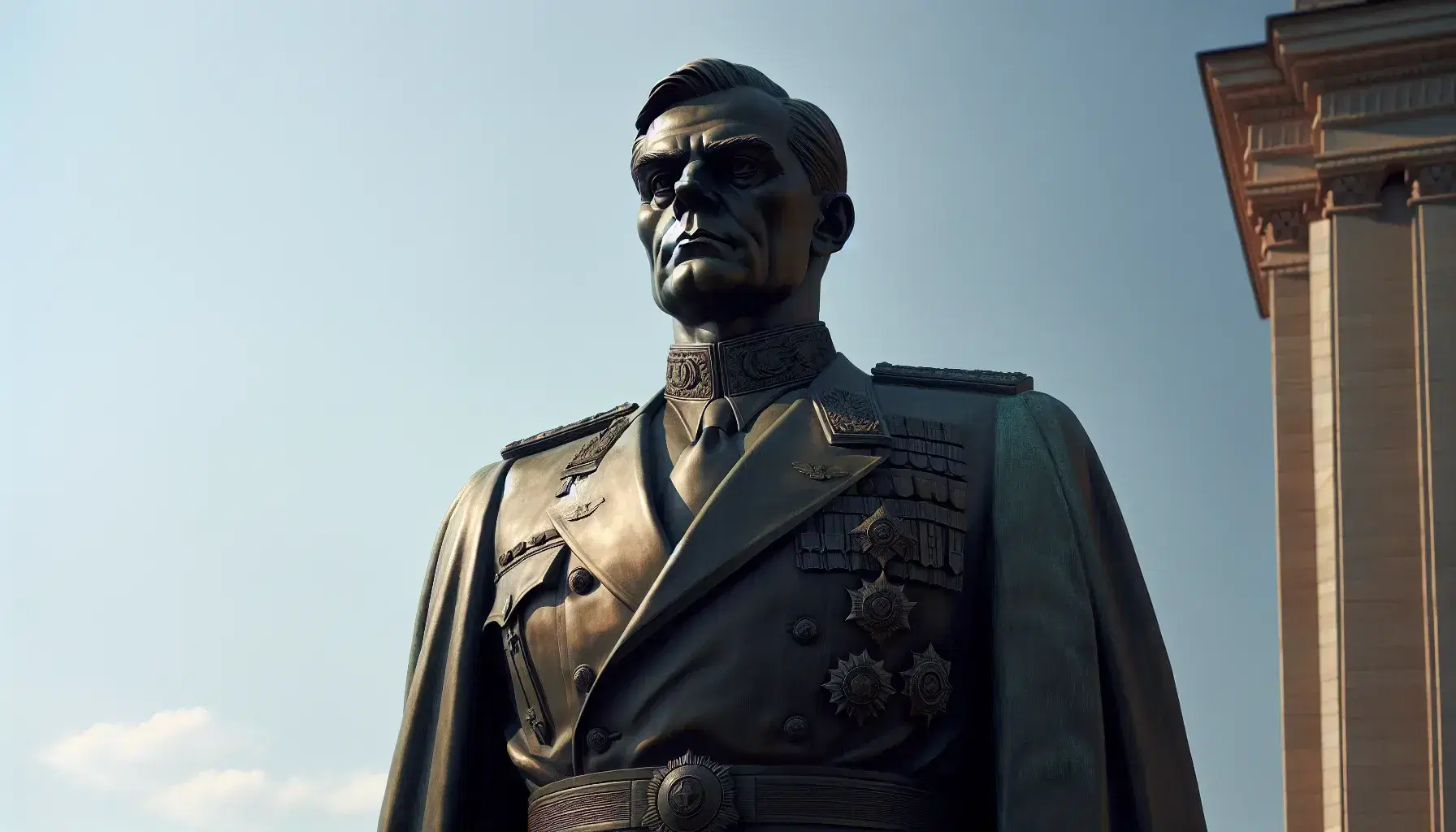Estatua de bronce de hombre en uniforme militar con medallas, mostrando una expresión seria y dominante, bajo un cielo despejado.