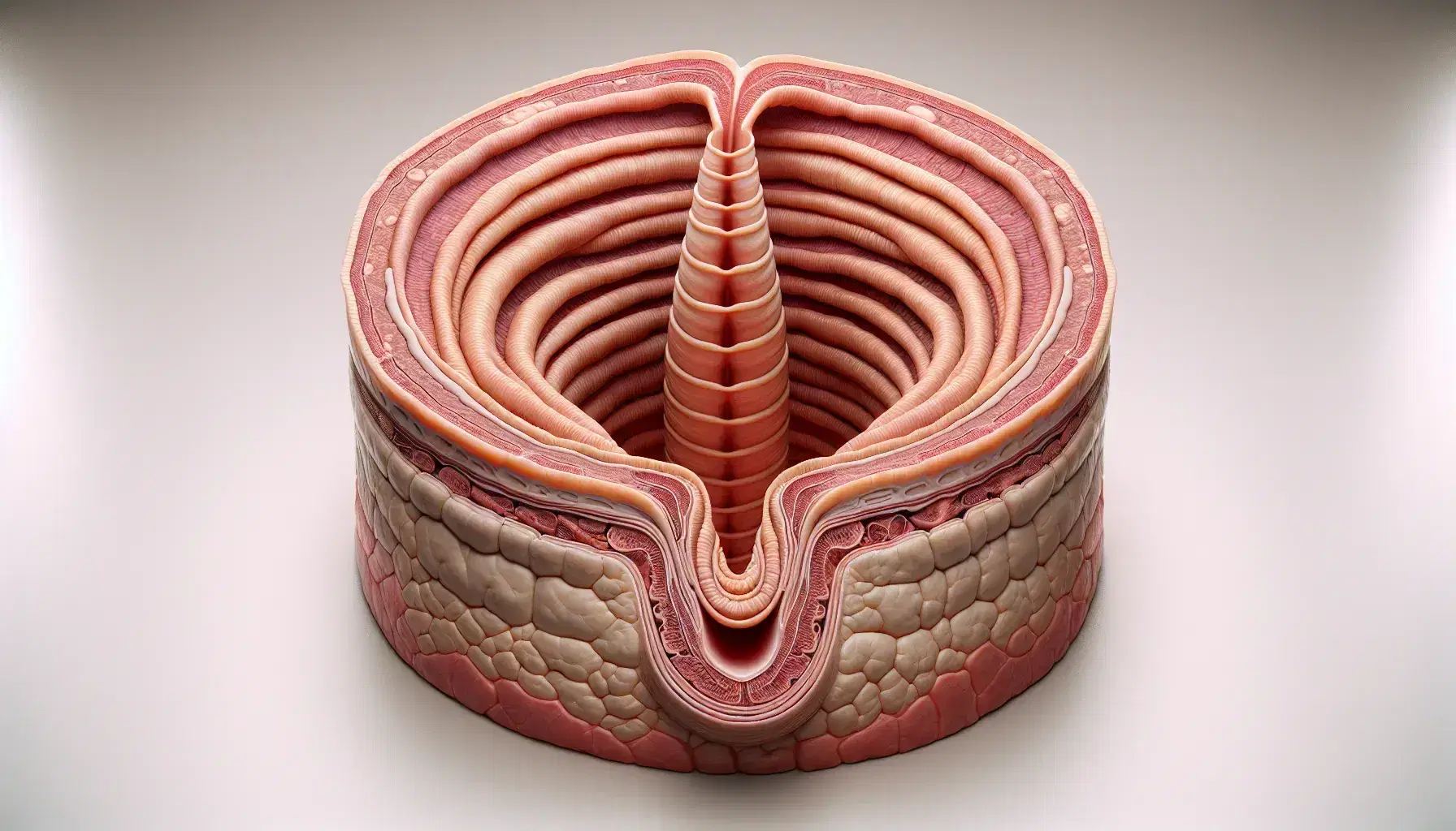 Vista anatómica detallada del esófago humano, mostrando su tubo muscular y las capas de tejido, con la transición al estómago y el diafragma.