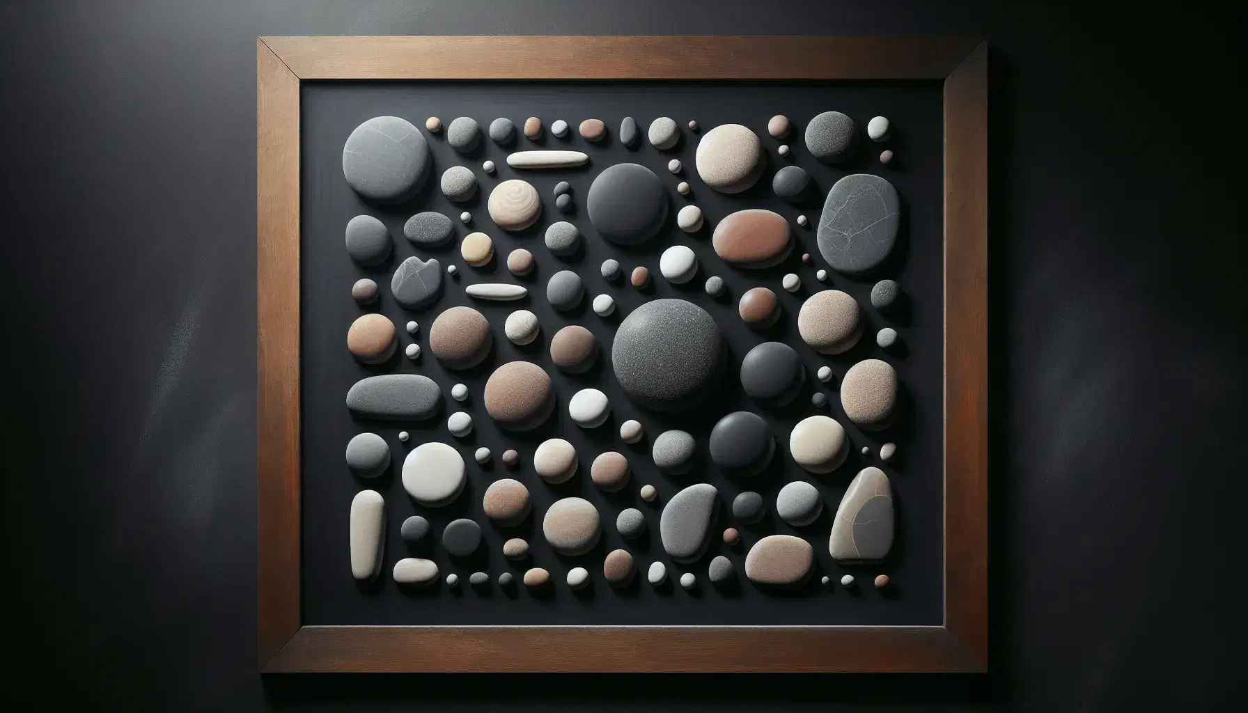 Collection of smooth pebbles in shades of gray, white, and beige arranged on a partially erased chalkboard with a wooden frame, casting soft shadows.