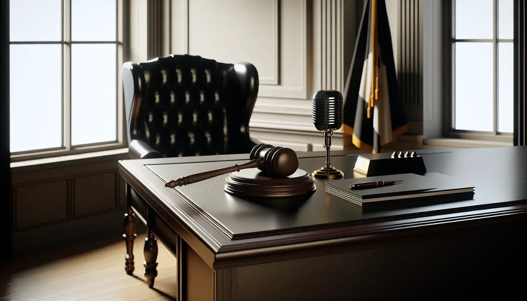 Sala de tribunal con mesa de madera oscura, mazo y micrófono sobre ella, silla de cuero negro vacía detrás y bandera con franjas horizontales al lado.
