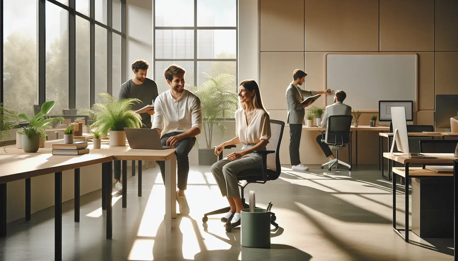 Grupo de trabajadores de oficina colaborando alegremente, con una mujer sonriente sentada frente a su portátil y un hombre de pie con una taza de café, en un ambiente iluminado y decorado con plantas.