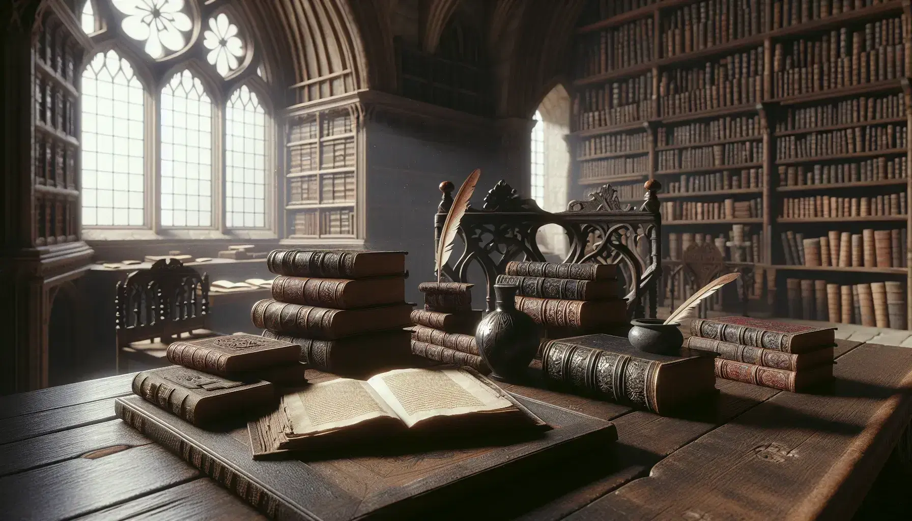 Biblioteca medieval con mesa de madera oscura, libros antiguos, tintero con pluma y silla tallada con cojín rojo bajo luz natural filtrada por ventana.
