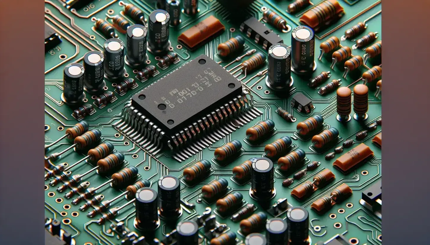 Close-up of an electronic board with D-type flip-flop chip, cylindrical resistors and orange capacitors on green circuit board.