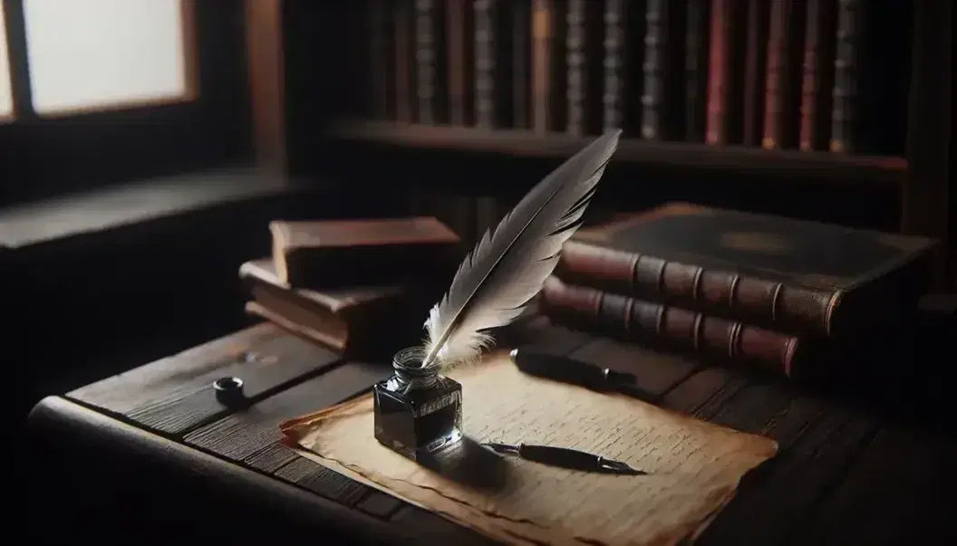 Scrivania antica in legno scuro con calamaio in vetro, penna d'oca e foglio ingiallito, sullo sfondo una libreria con libri rilegati.