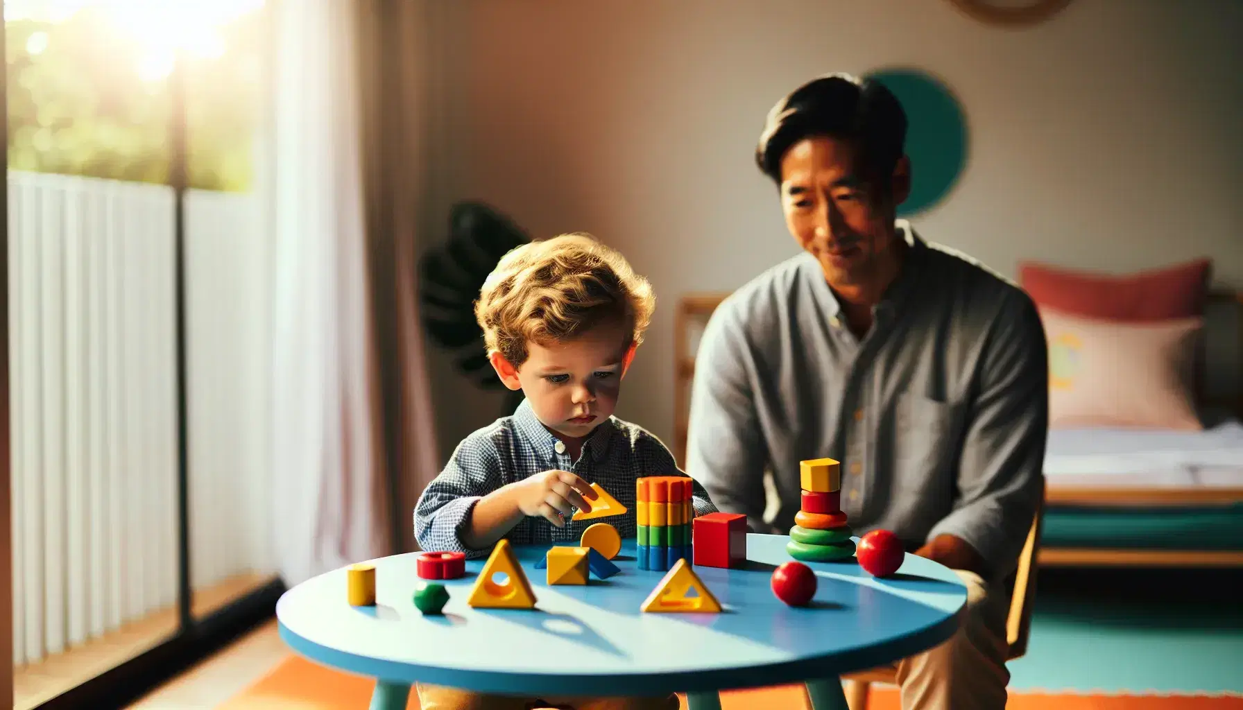 Young boy engaged in stacking colorful geometric shapes on a blue table, with an attentive adult in the background, in a sunlit room.