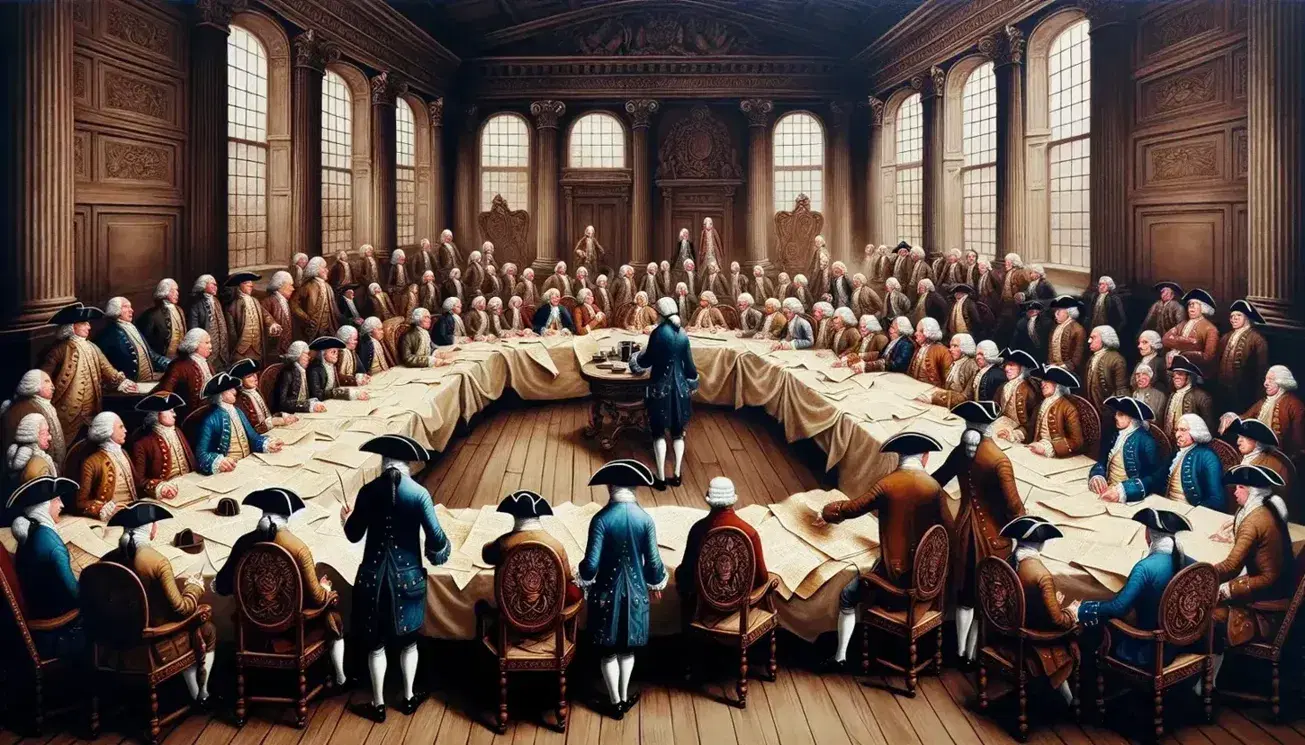 Late 18th-century colonial assembly hall with men in period attire discussing around an oval table, papers and quills in view, bathed in natural light.