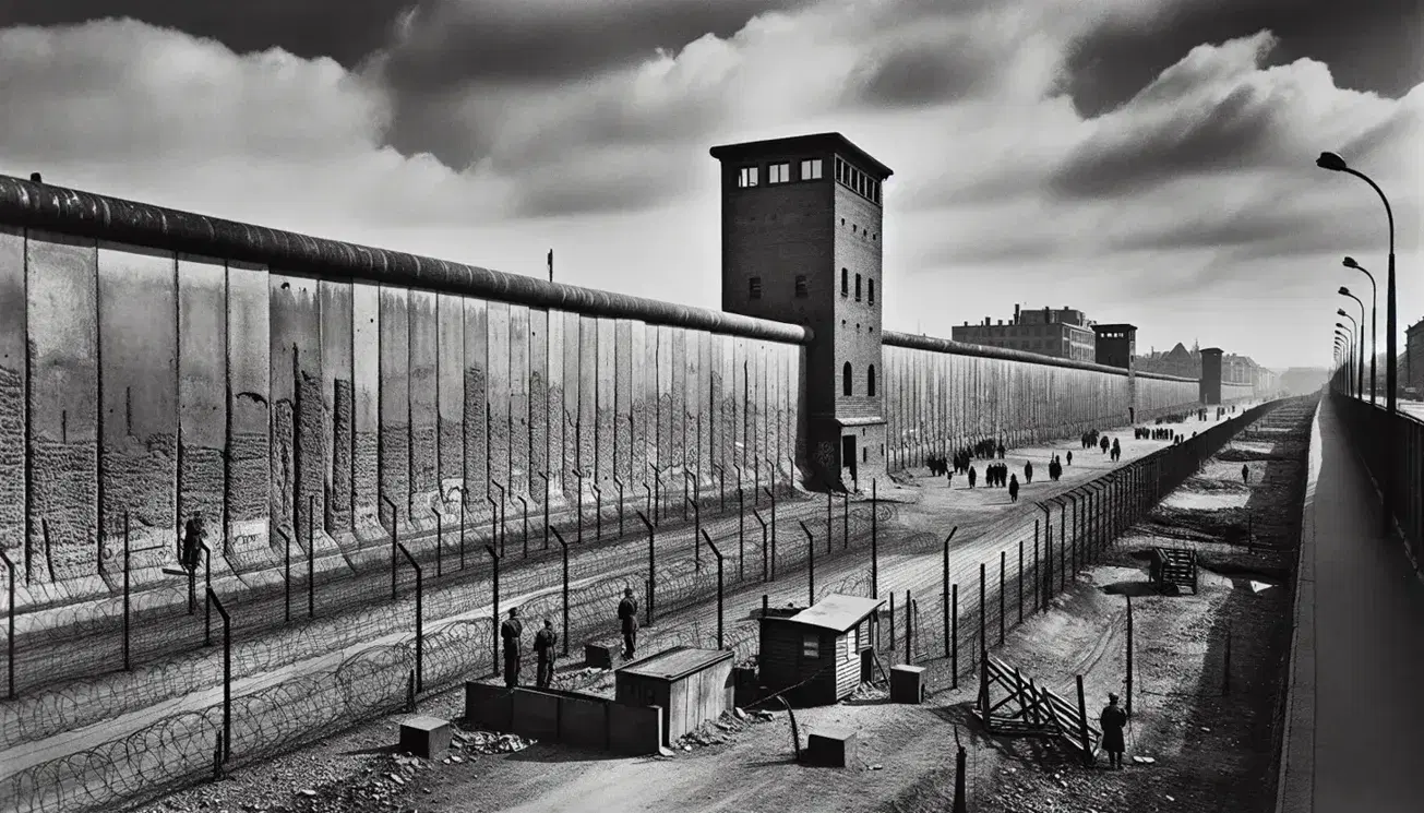 Muro di Berlino con filo spinato e torre di guardia, cielo nuvoloso, simbolo di divisione urbana in epoca della Guerra Fredda.