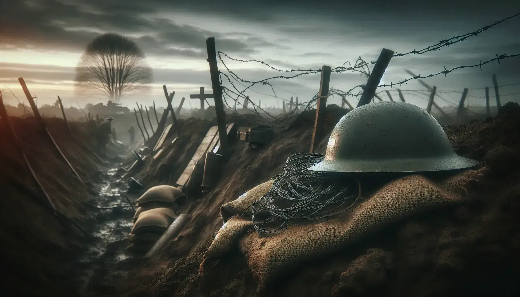 Casco militar de la Primera Guerra Mundial con marcas de uso sobre tierra removida, alambre de púas oxidado y trincheras derruidas bajo un cielo nublado.