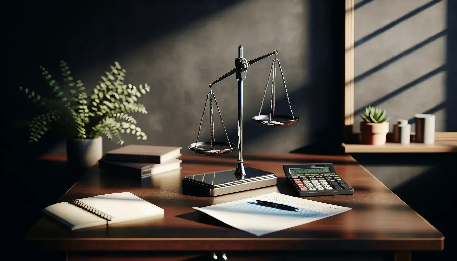 Bilancia di precisione in equilibrio su scrivania in legno scuro, accanto a calcolatrice scientifica spenta e foglio bianco con righe.