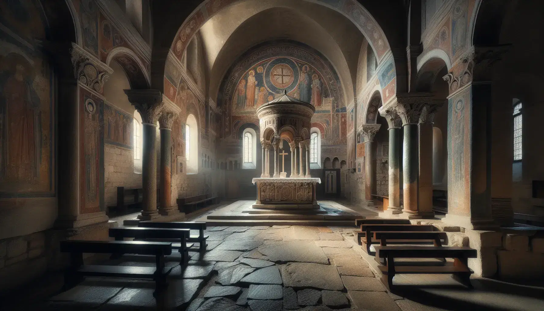 Interno di chiesa lombarda con altare in pietra, ciborio su colonne scolpite, affreschi sbiaditi e pavimento in lastroni.