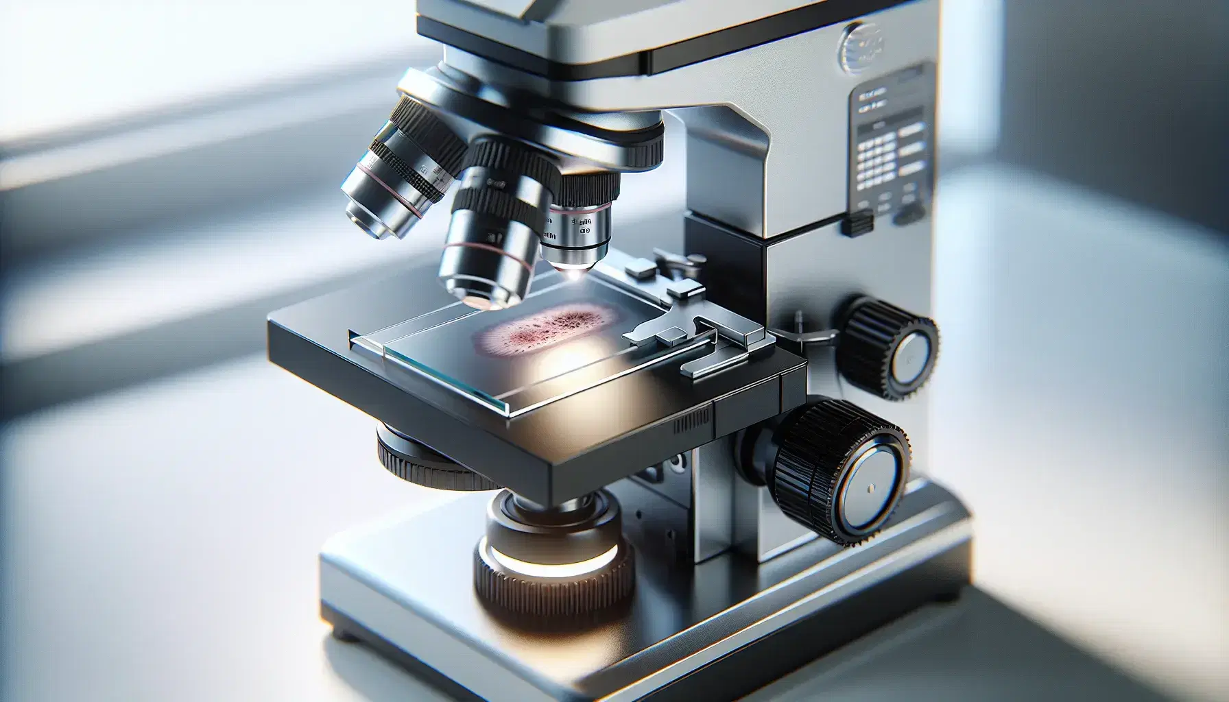 Close-up view of a modern silver microscope with black accents, a mounted slide with a pinkish biological sample, in a softly lit laboratory setting.