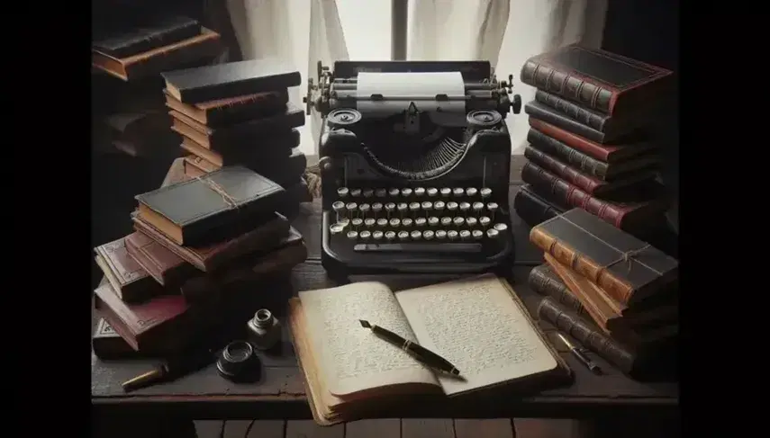 Macchina da scrivere vintage nera con tasti avorio su scrivania in legno scuro, accanto a libri in pelle e penna stilografica su quaderno aperto.