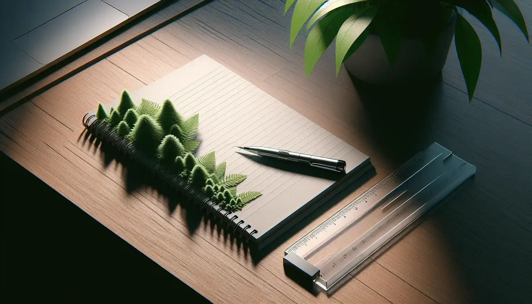 Spiraled notebook with blank lined pages and a silver mechanical pencil on a wooden desk, alongside a clear ruler and a green potted plant in the background.
