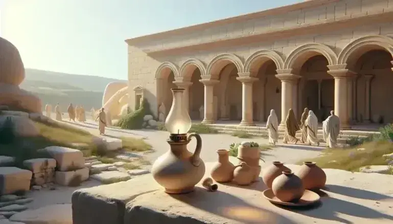 Edificio antiguo de piedra caliza con arcos y columnas romanas, camino de tierra, lámpara de aceite cerámica y vasijas de arcilla, figuras humanas en túnicas y cielo despejado.