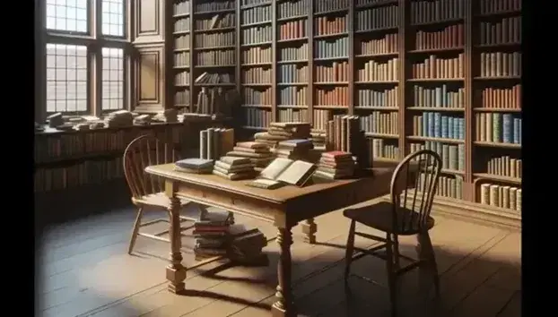 Mesa de madera clara con libros abiertos y apilados en una biblioteca iluminada por luz natural, estantería repleta de libros al fondo y silla con cojín rojo.