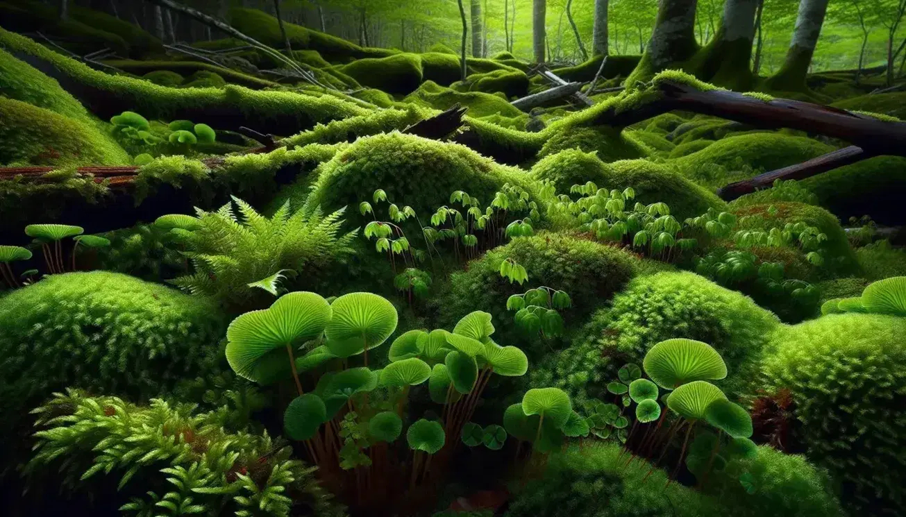 Lush green moss and brownish-green liverworts blanket a forest floor, with hornwort gametophytes and decayed tree branches under soft light.