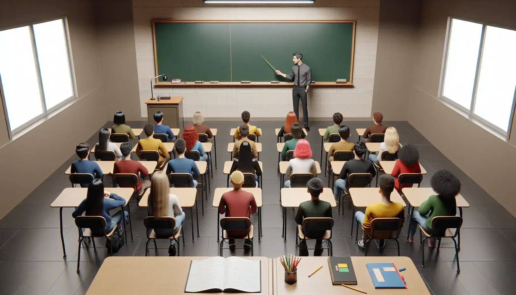 Diverse students in a classroom focus on a teacher pointing at a blank chalkboard, with an open notebook and pencil on a desk in the foreground.