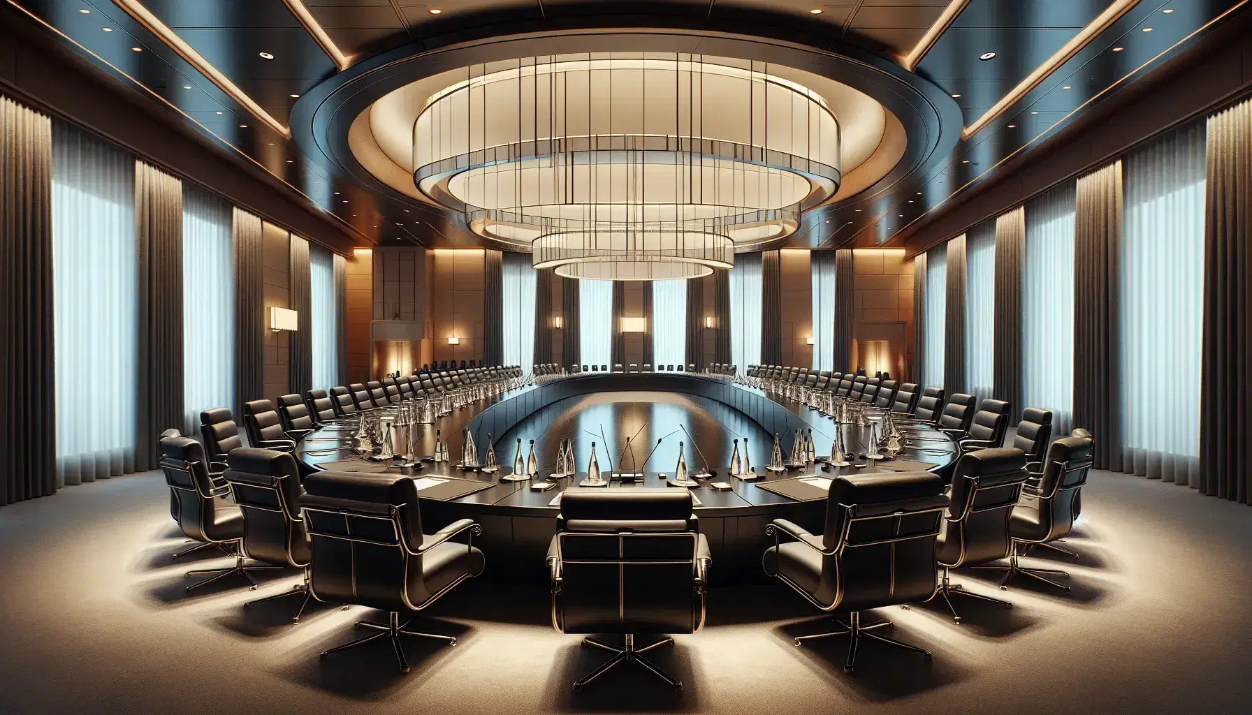 Sala conferenze internazionale elegante con tavolo ovale scuro, sedie in pelle nera, microfoni sottili e vista panoramica sulla città.