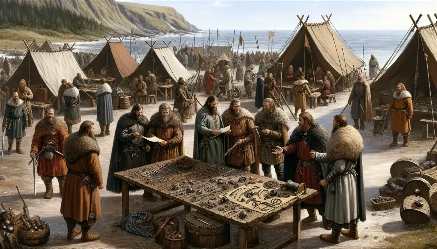 Viking marketplace by the coast with stalls, bartering Vikings in tunics, a docked longship with shields, and a backdrop of green hills and blue sky.