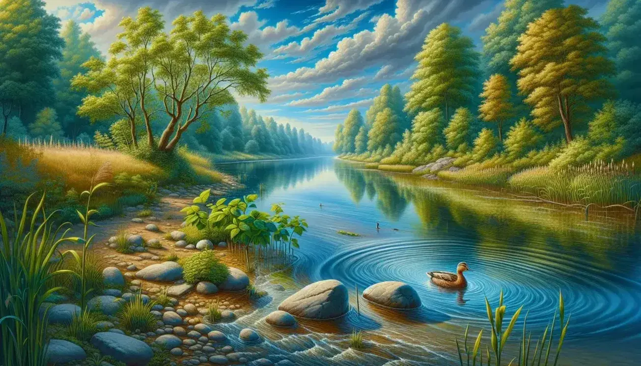 Fiume serpeggiante con riflessi del cielo azzurro, alberi verdi sulle rive, anatra nuotante e cielo nuvoloso senza segni umani.