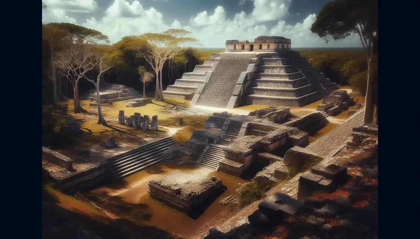 Vista panorámica de ruinas mayas con pirámide escalonada y estructuras de piedra entre vegetación y árboles en un cielo despejado.