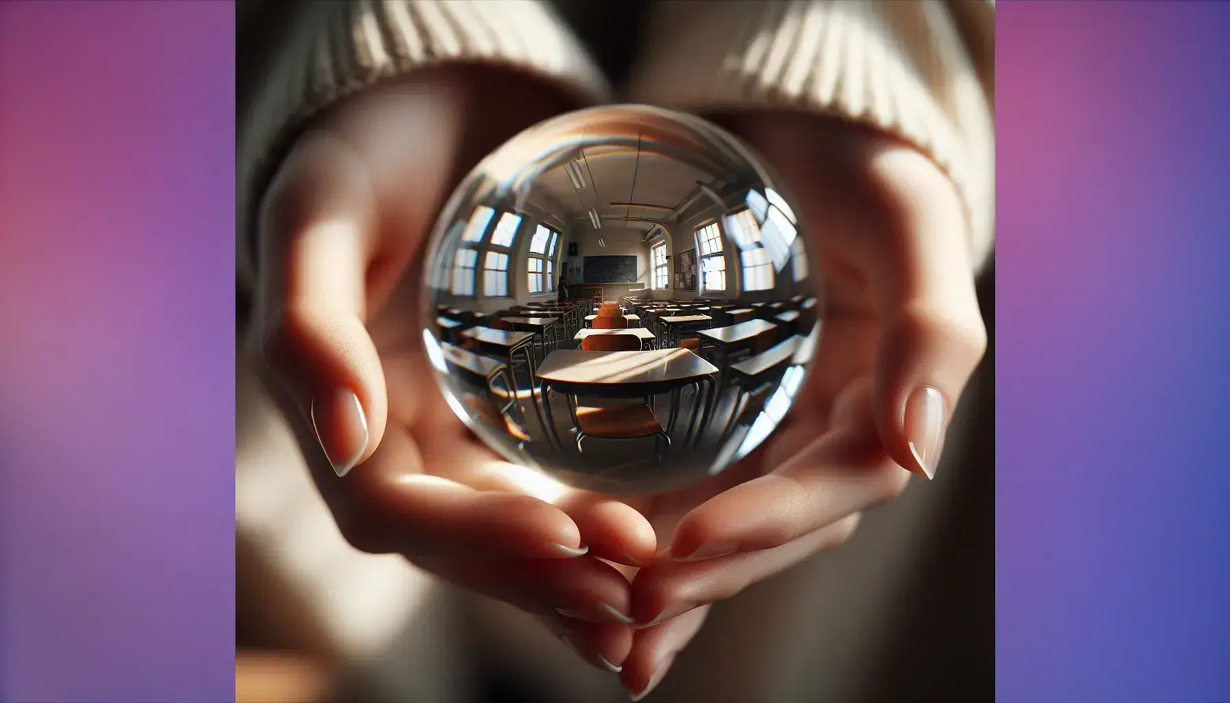 Hands with light skin hold a transparent glass sphere showing a blurry class, with kaleidoscopic effect of tables and chairs.