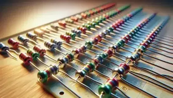 Resistori elettrici cilindrici con bande colorate collegati da fili metallici su superficie in legno chiaro, sfondo sfocato con circuito stampato.