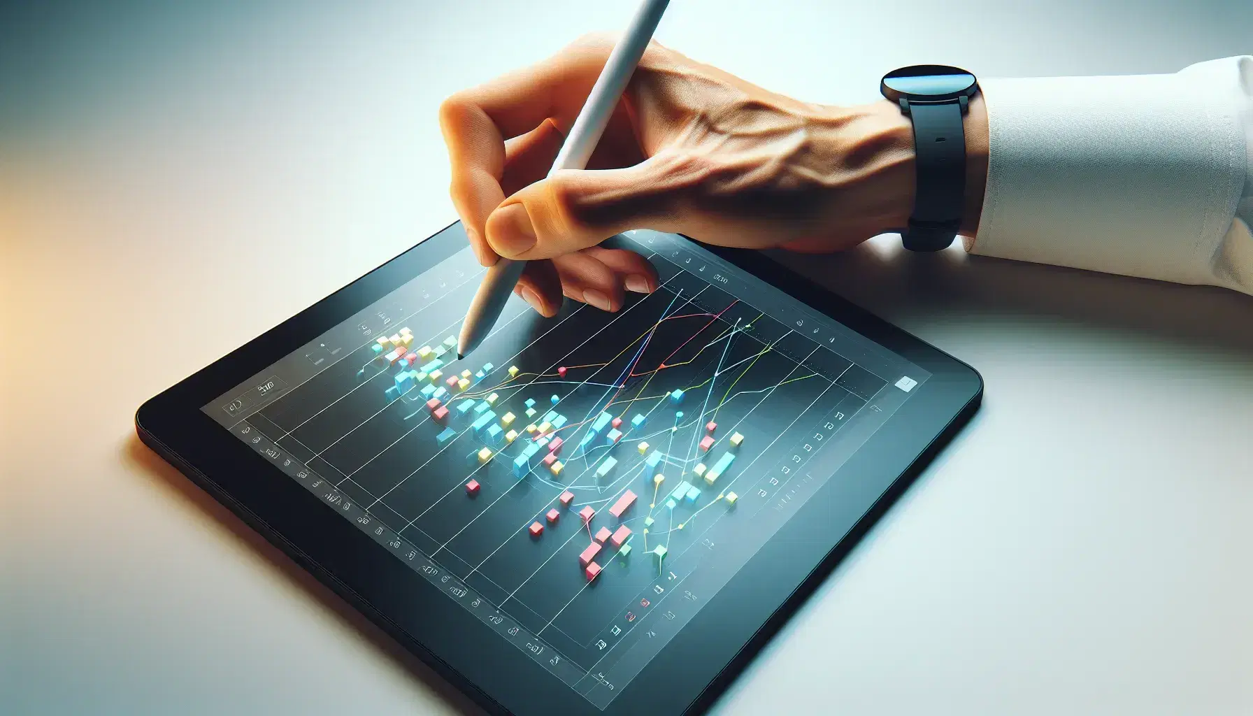 Mano sujetando un lápiz óptico sobre una tableta digital con gráficos de barras y líneas en colores, con un reloj de correa negra en la muñeca, sobre superficie clara.