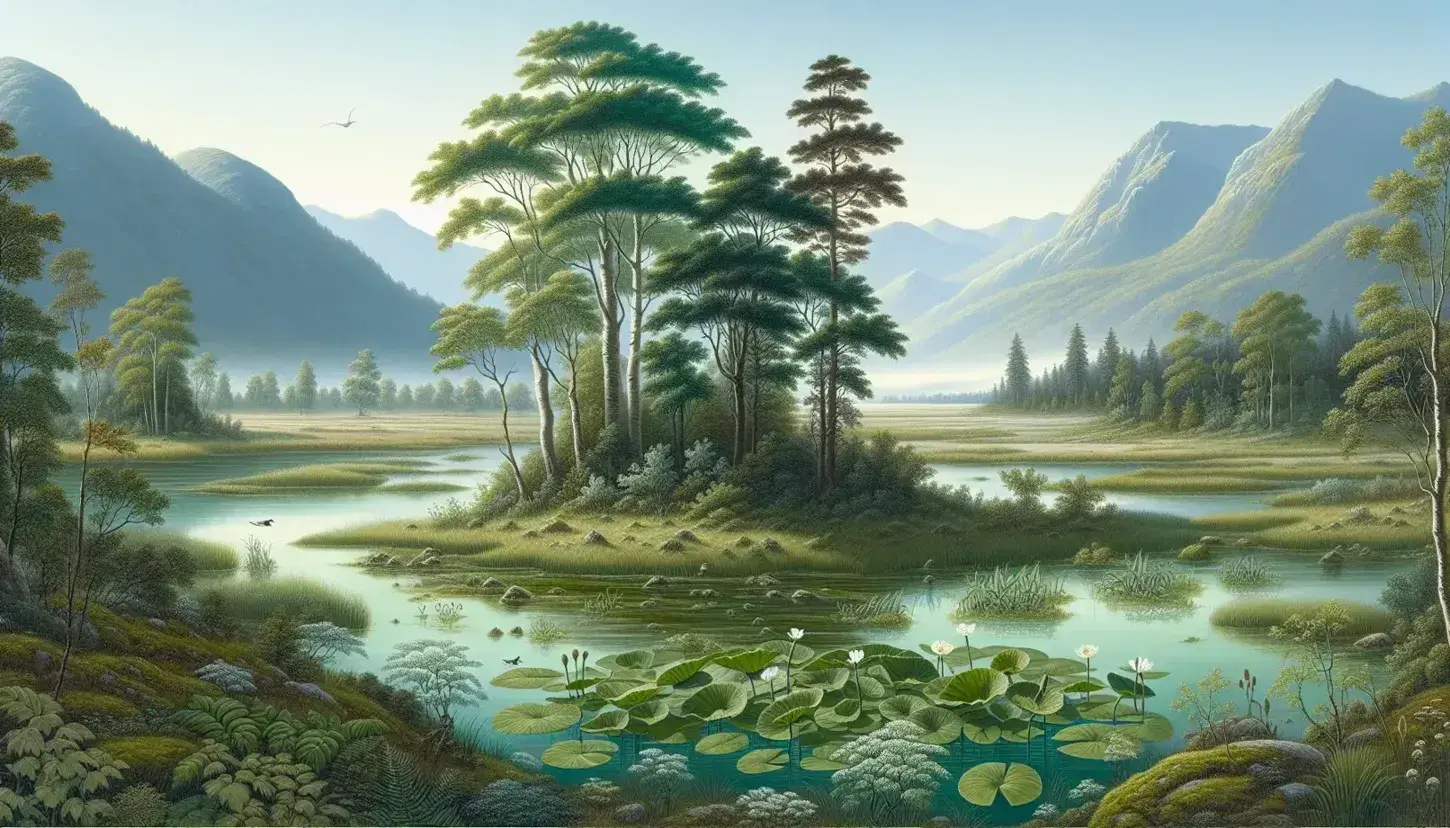Paisaje natural con árboles frondosos, suelo cubierto de hierba, lago claro con nenúfares y montañas al fondo bajo un cielo azul.