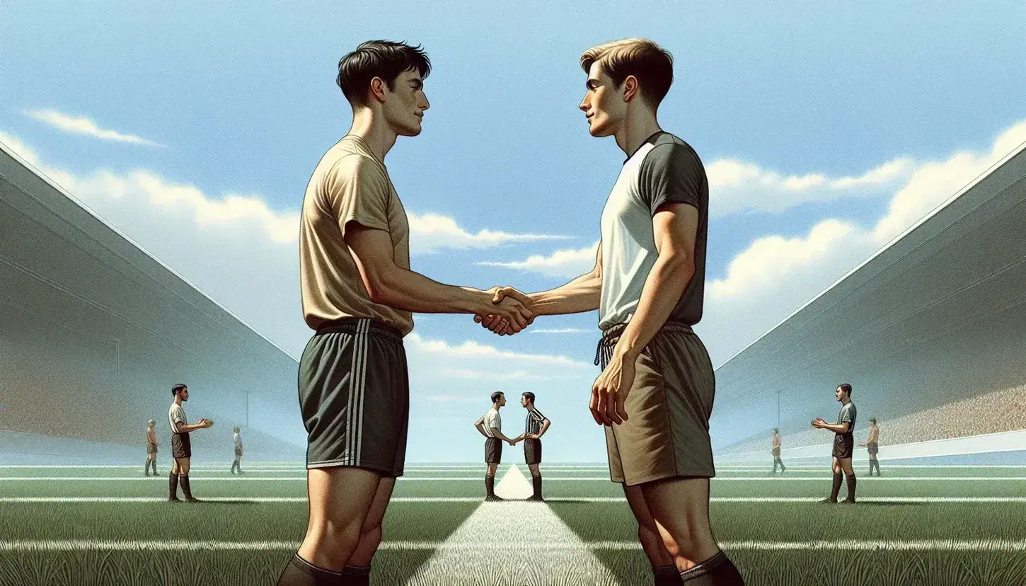 Due atleti si stringono la mano sul campo da gioco in segno di sportività dopo una competizione all'aperto.