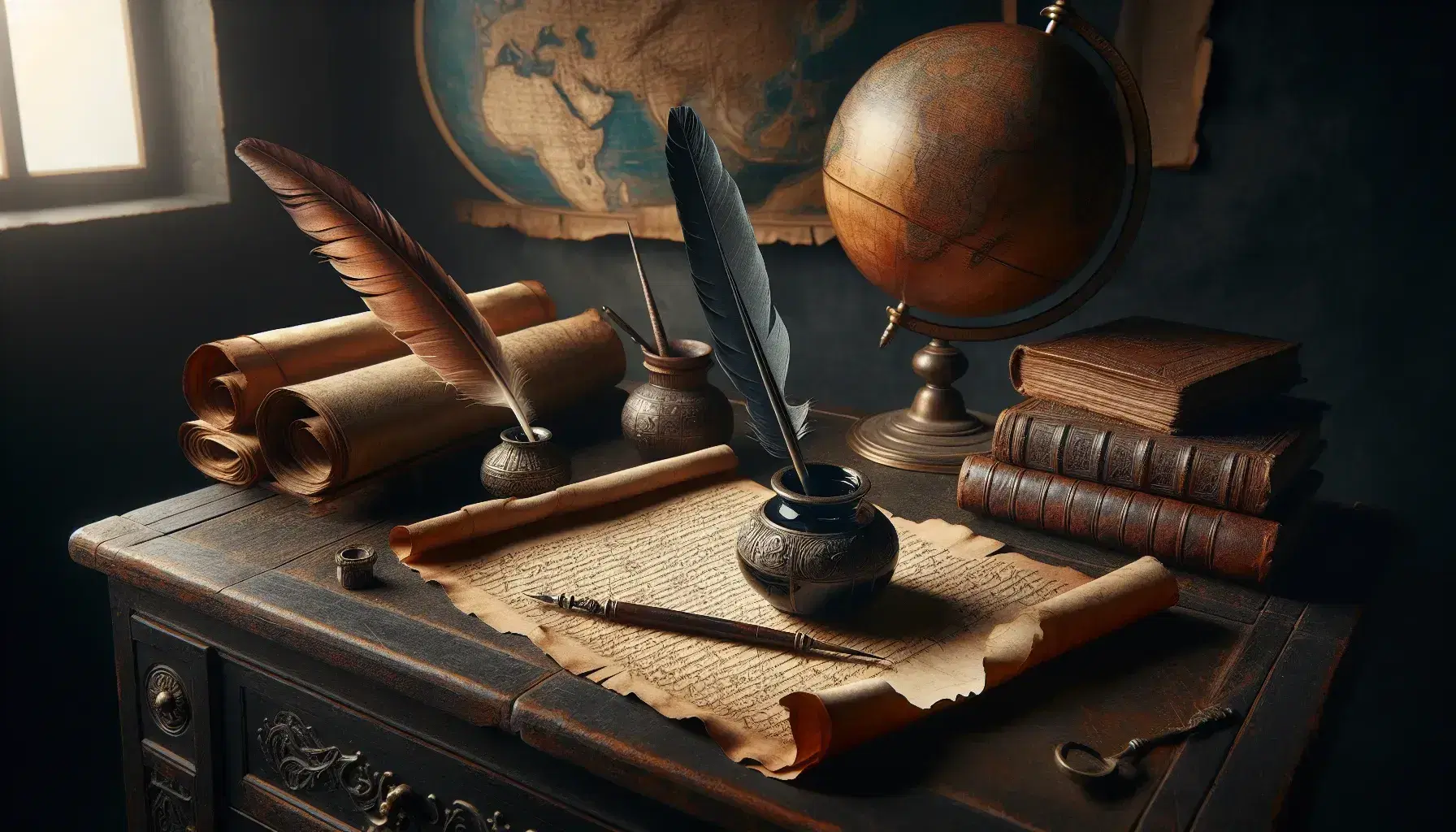 Scrivania rinascimentale in legno scuro con penna d'oca, calamaio in bronzo, pergamena e libro antico aperto, globo terrestre sullo sfondo.